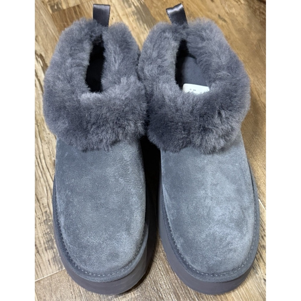 UGG Women's Tazzelle Slippers Obsidian New Gray Sz 12 Fur Trim Slip On Bootie